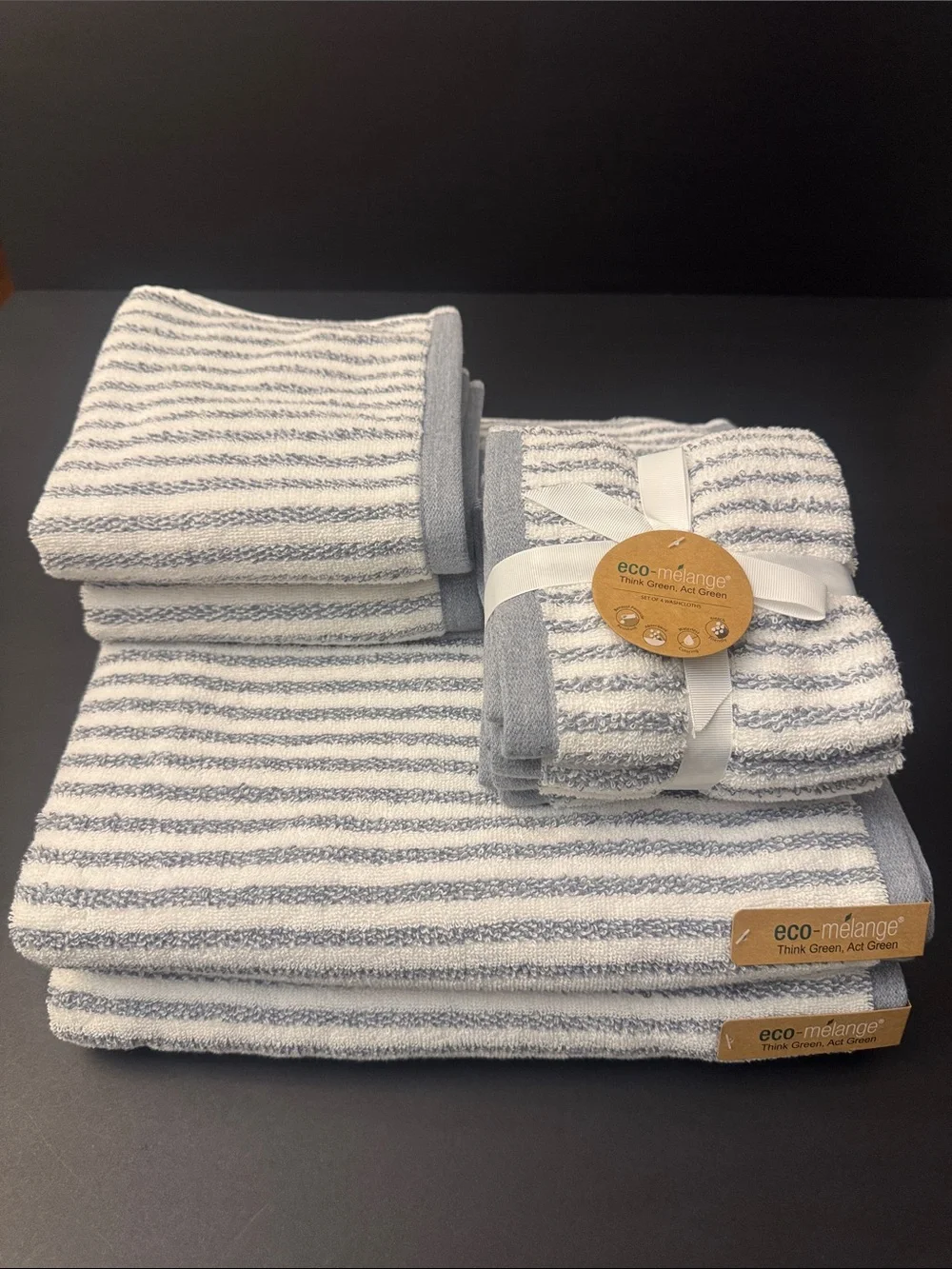 8pc Eco-Melange Striped Bath Towel Set - Waterless Coloring-Absorbent-White/Blue